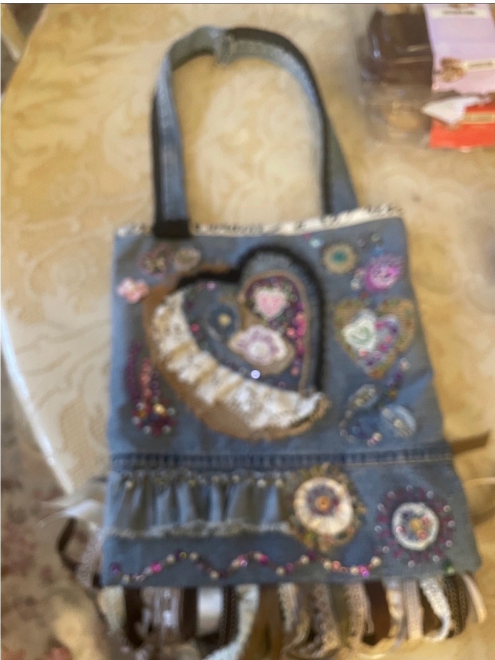 Homemade and handmade Embellished Denim Heart Tote Bag in Blue